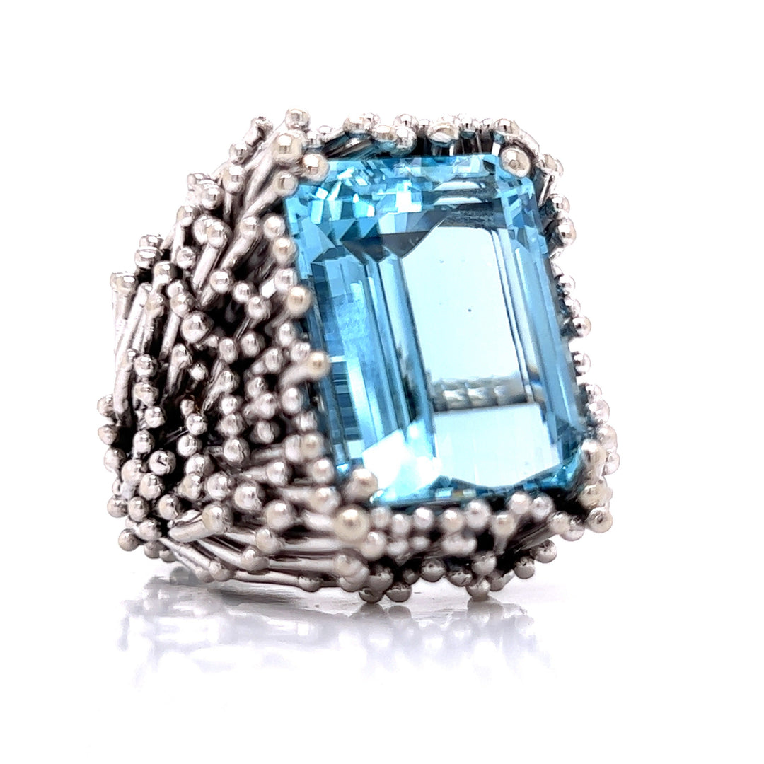 Custom Made Aquamarine and 18k White Gold Thistle Ring