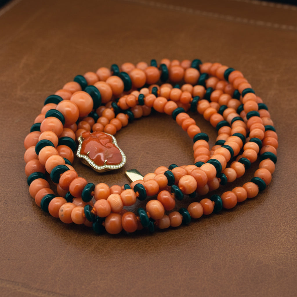 Italy Diamond, Coral and Onyx 18K Yellow Gold 3 Row Necklace