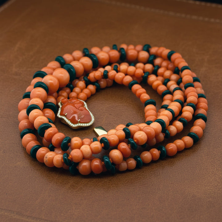 Italy Diamond, Coral and Onyx 18K Yellow Gold 3 Row Necklace
