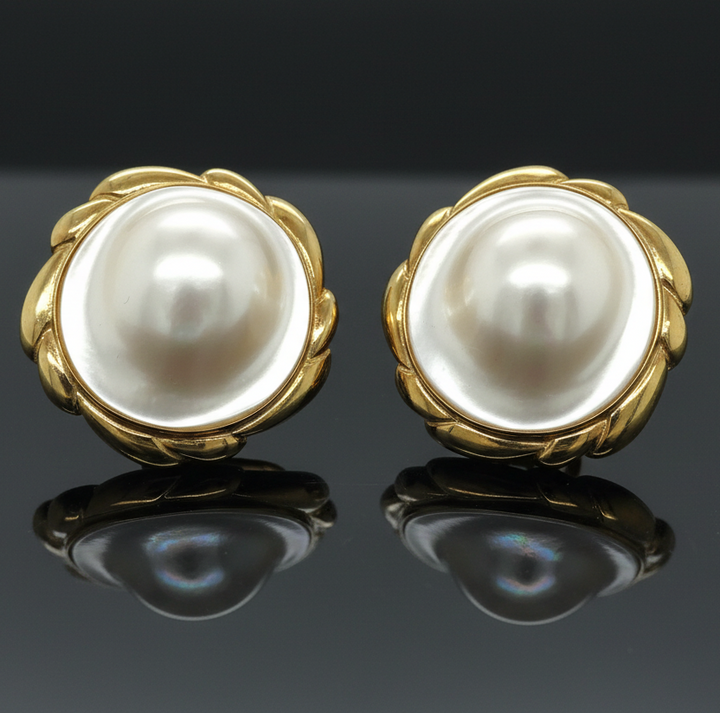 Estate Circa 1990 Mabe Blister Pearl 18K Gold Earrings 13868