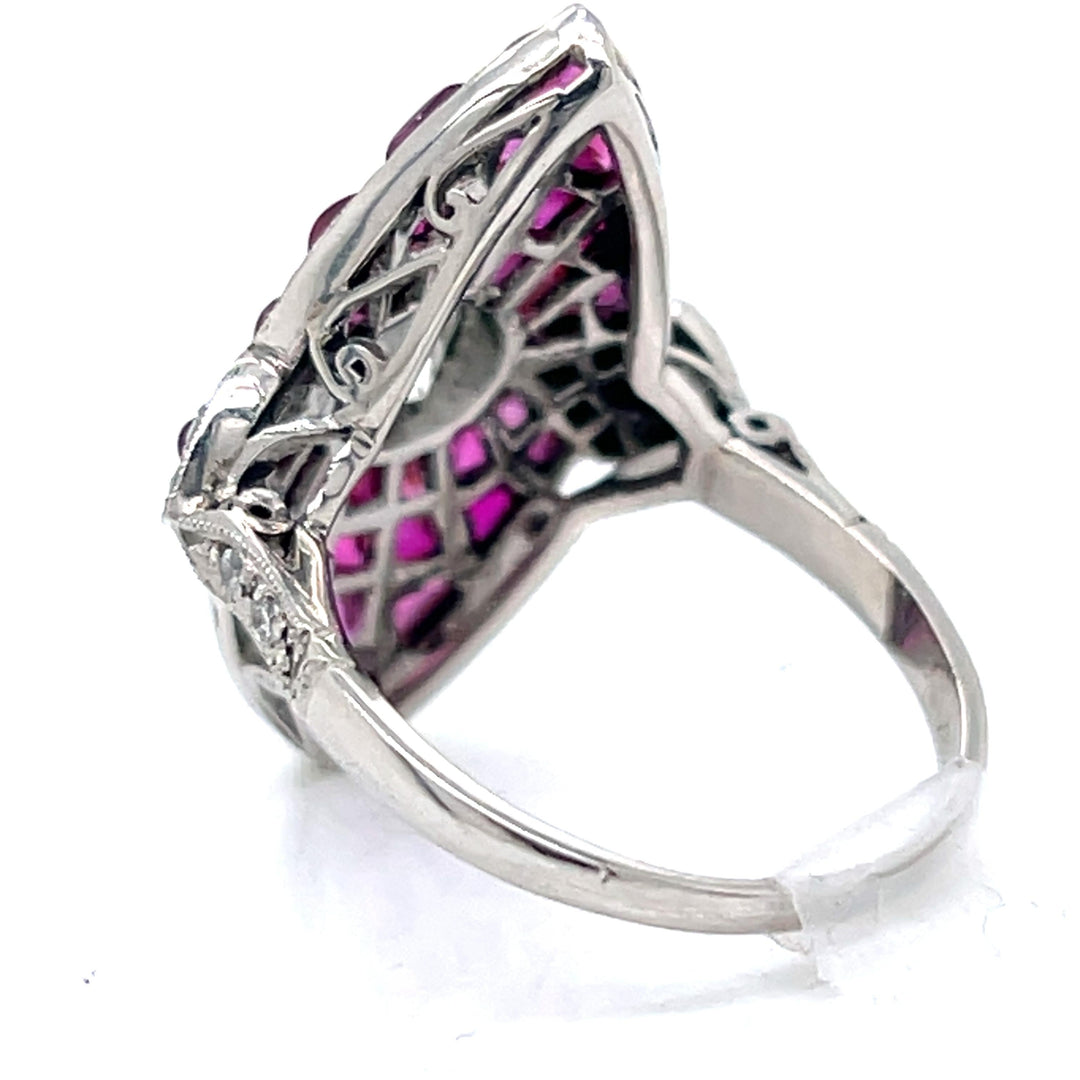 Geometric  Diamond and Ruby Platinum Ring
