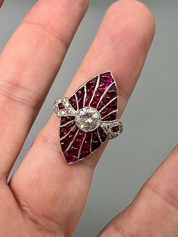 Geometric  Diamond and Ruby Platinum Ring