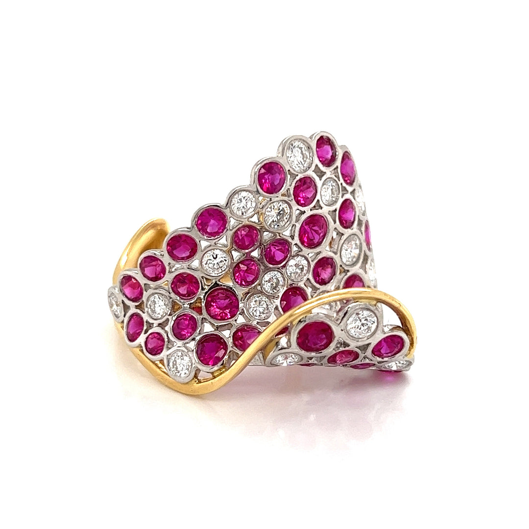 Italian Designer Ruby, Diamond and 18K White and Yellow Gold Ring