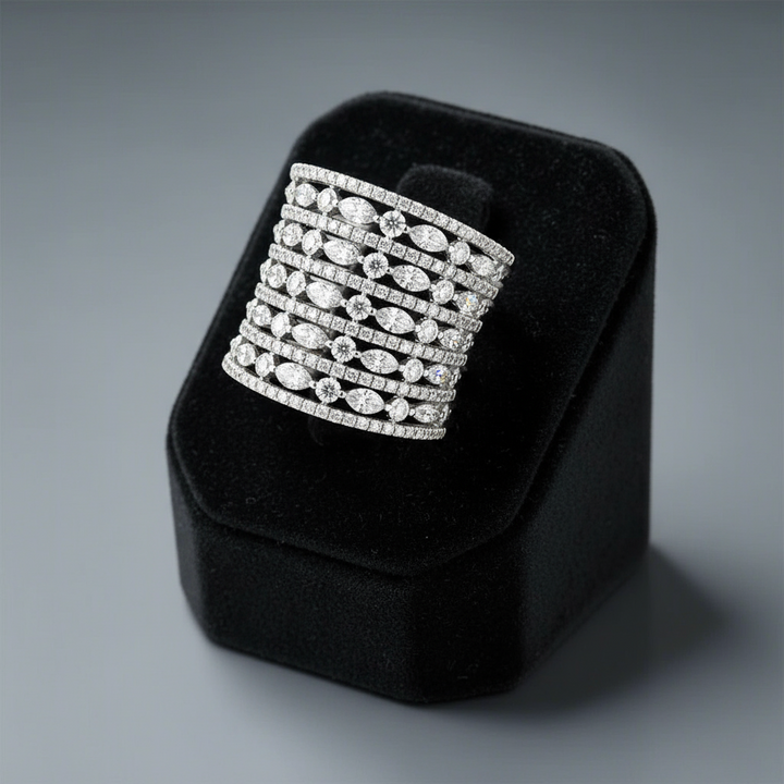 Multi Row Diamond 18K White Gold Ring
