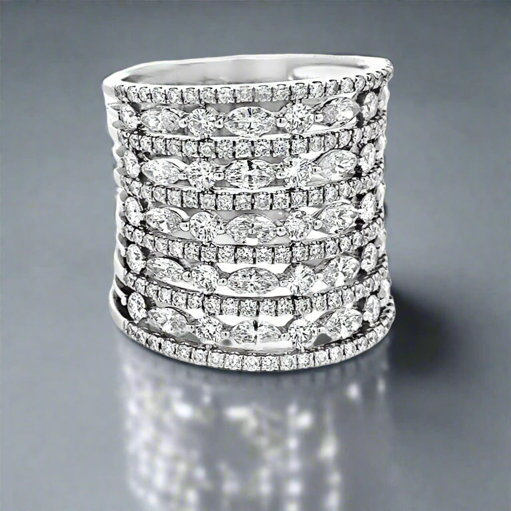 Multi Row Diamond 18K White Gold Ring