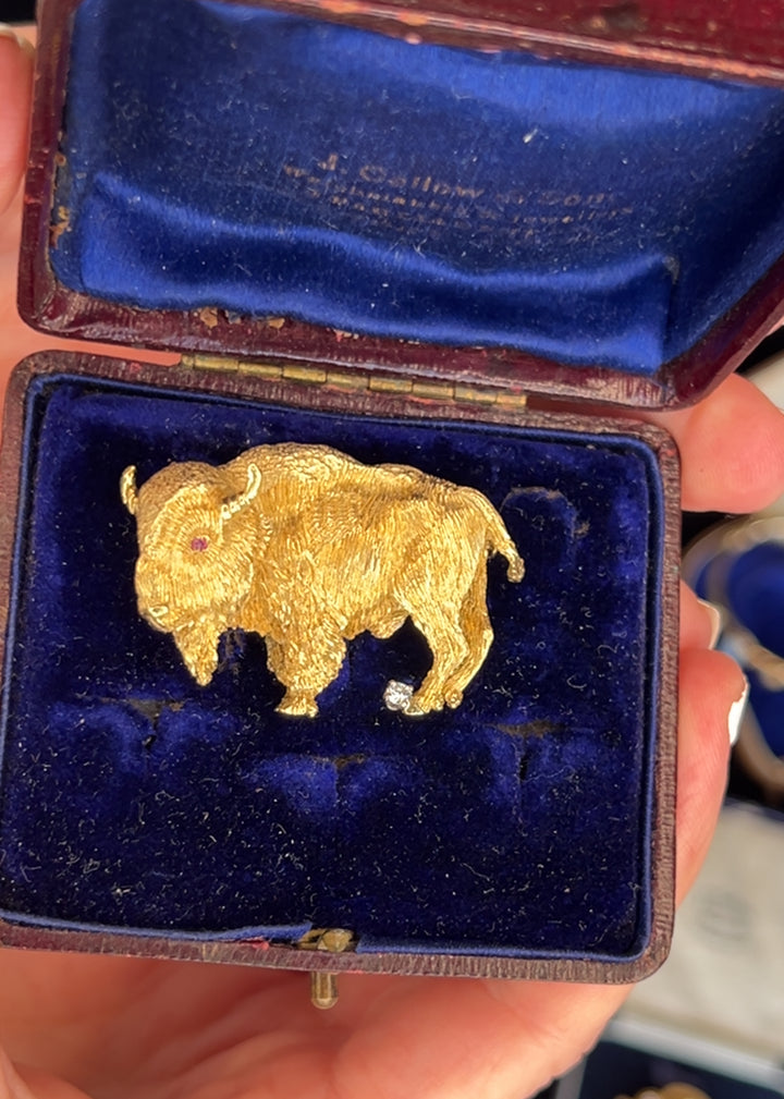 Buffalo Bison Diamond, Ruby and 18K Yellow Gold Brooch