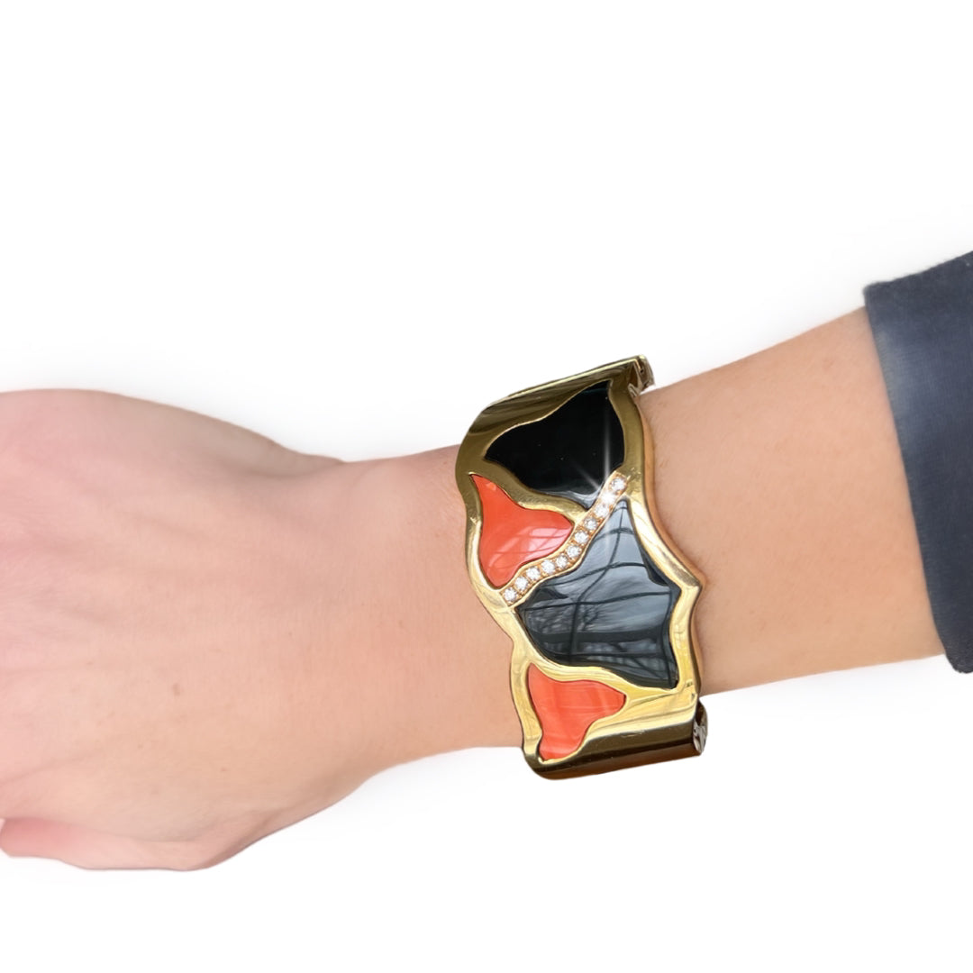 Italian Diamond Coral and Onyx 18K Yellow Gold Bangle