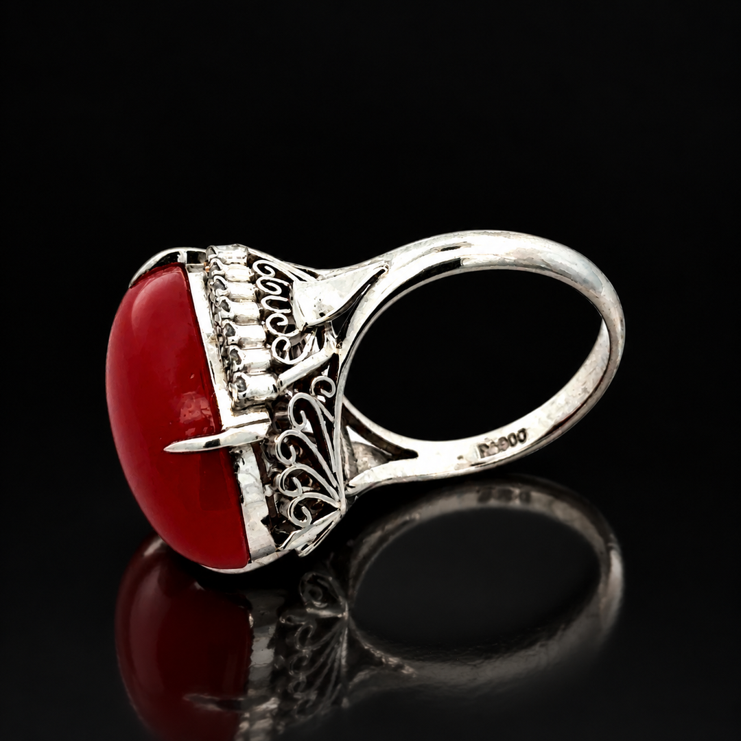 Estate Fine Red Coral & Diamond Ring