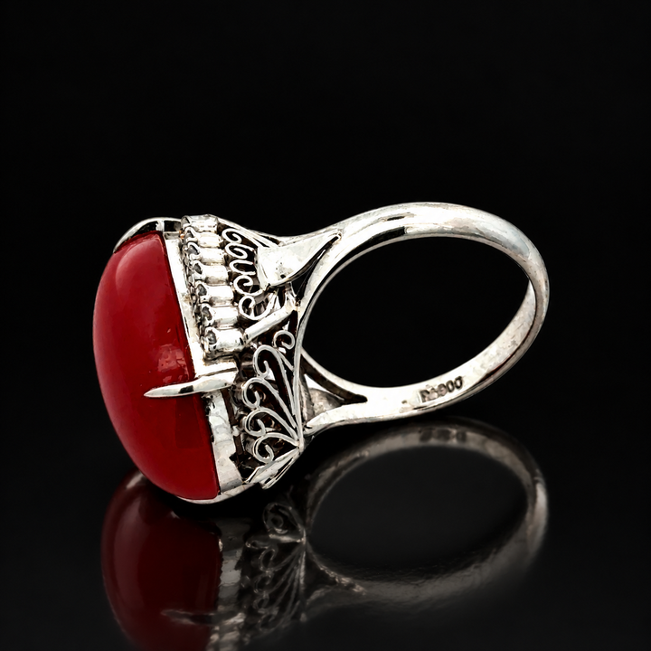 Estate Fine Red Coral & Diamond Ring