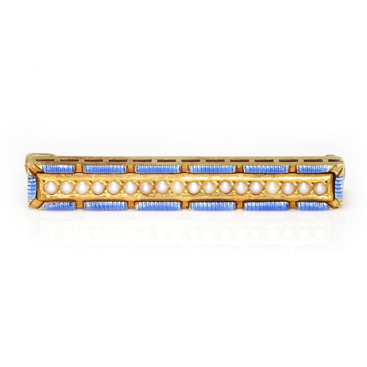 Vintage Pearl and Blue Enamel 14K Yellow Gold Brooch
