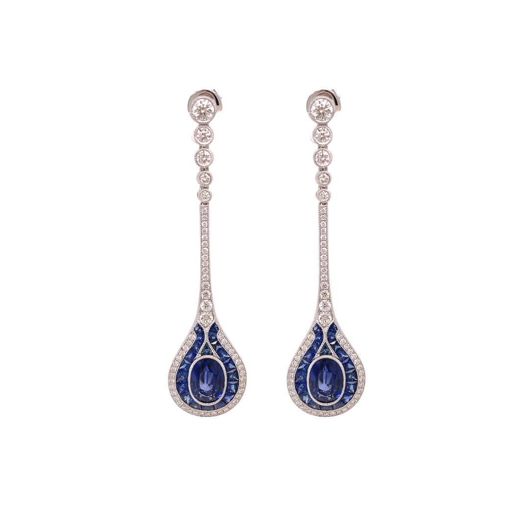 Aristocrat Art Deco Style 5.95 ctw Sapphire and Diamond18K White Gold Dangle Earrings