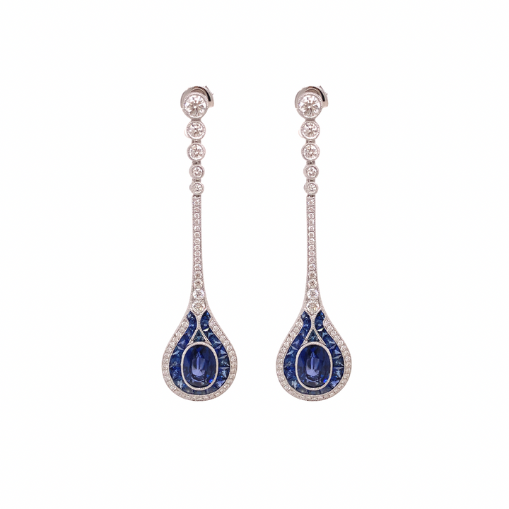 Aristocrat Art Deco Style 5.95 ctw Sapphire and Diamond18K White Gold Dangle Earrings