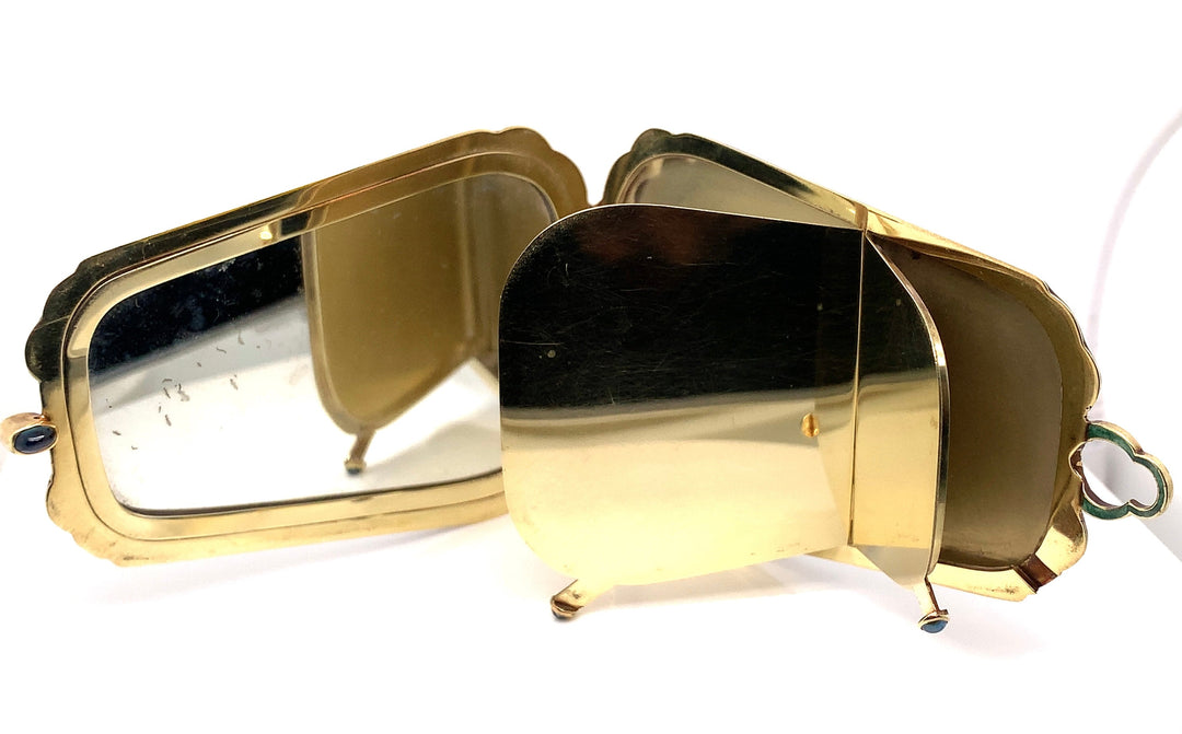 Vintage Diamond, Green and Black Enamel 18K Yellow Gold Compact