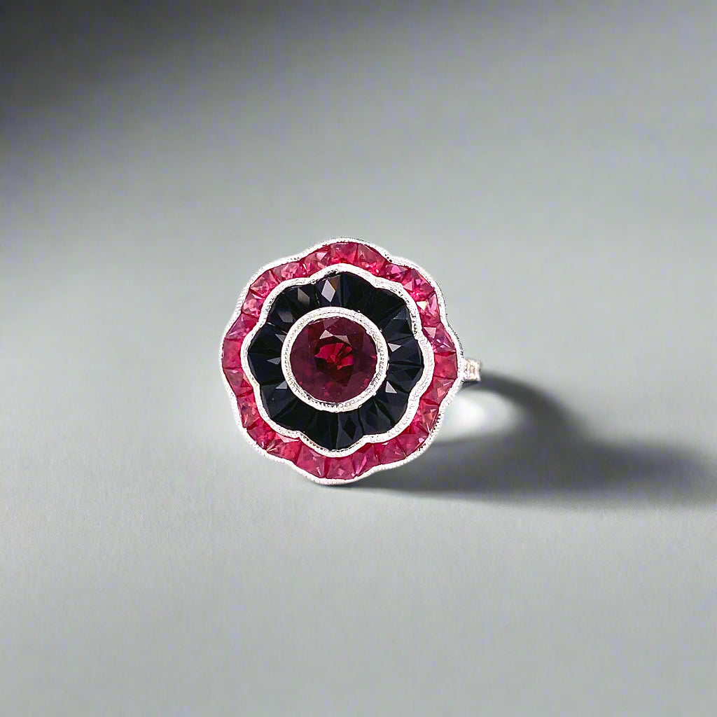 Art Deco Reproduction Aristocrat Ruby, Onyx, Diamond and 18K White Gold Ring