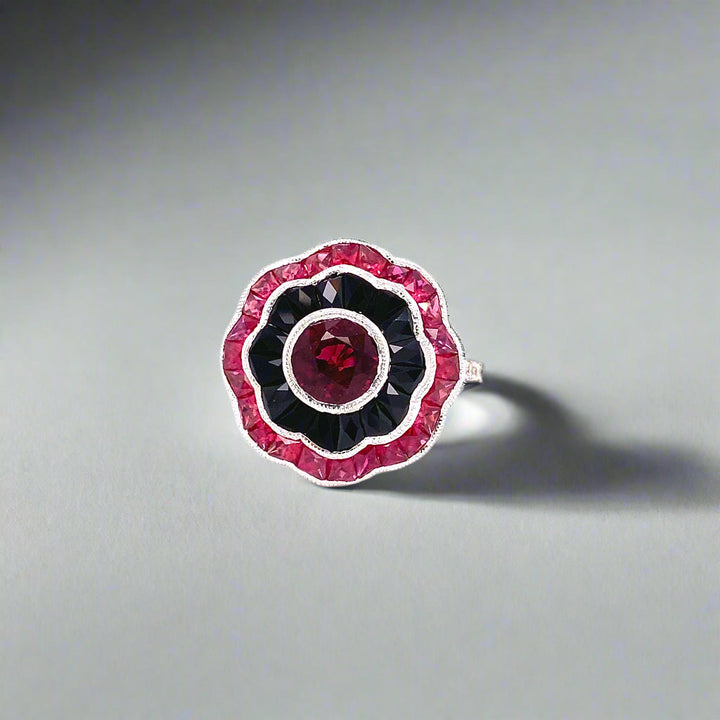 Art Deco Reproduction Aristocrat Ruby, Onyx, Diamond and 18K White Gold Ring