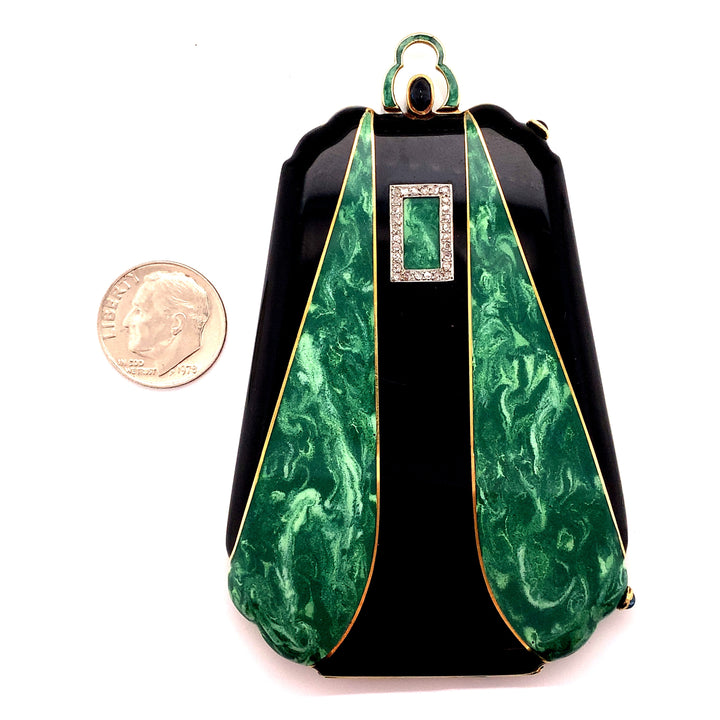 Vintage Diamond, Green and Black Enamel 18K Yellow Gold Compact