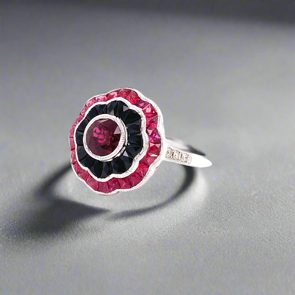 Ruby, Onyx, Diamond and 18K White Gold Ring
