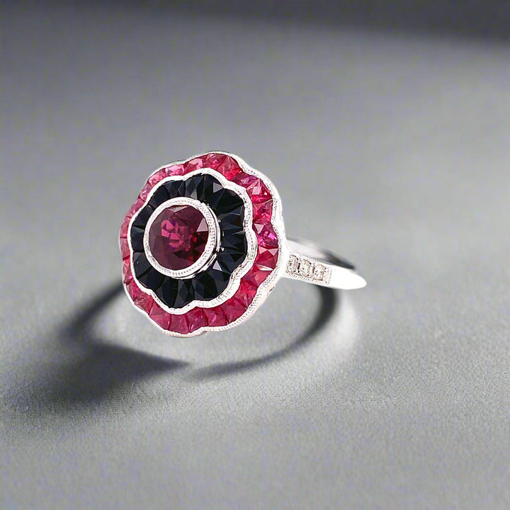 Ruby, Onyx, Diamond and 18K White Gold Ring