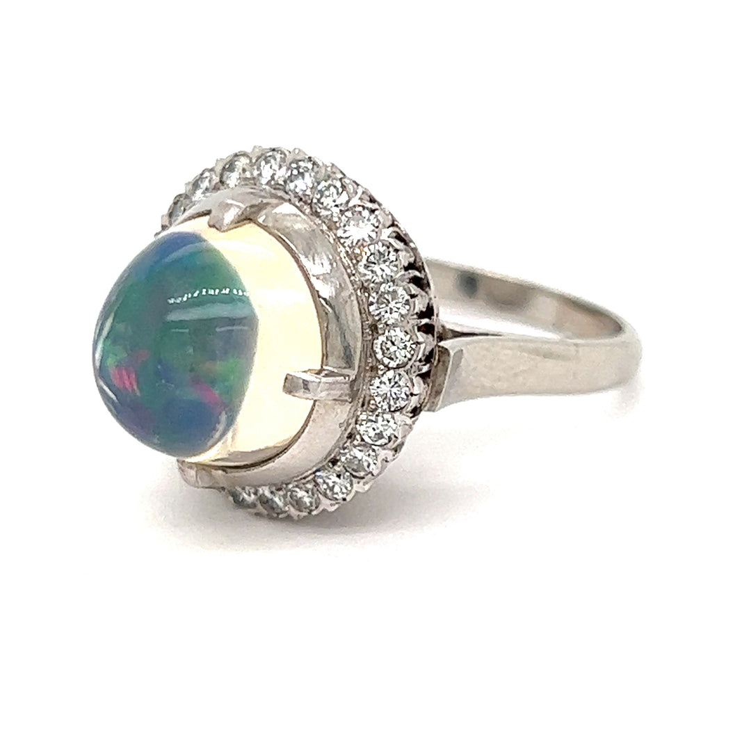 Opal and Diamond Platinum Halo Ring