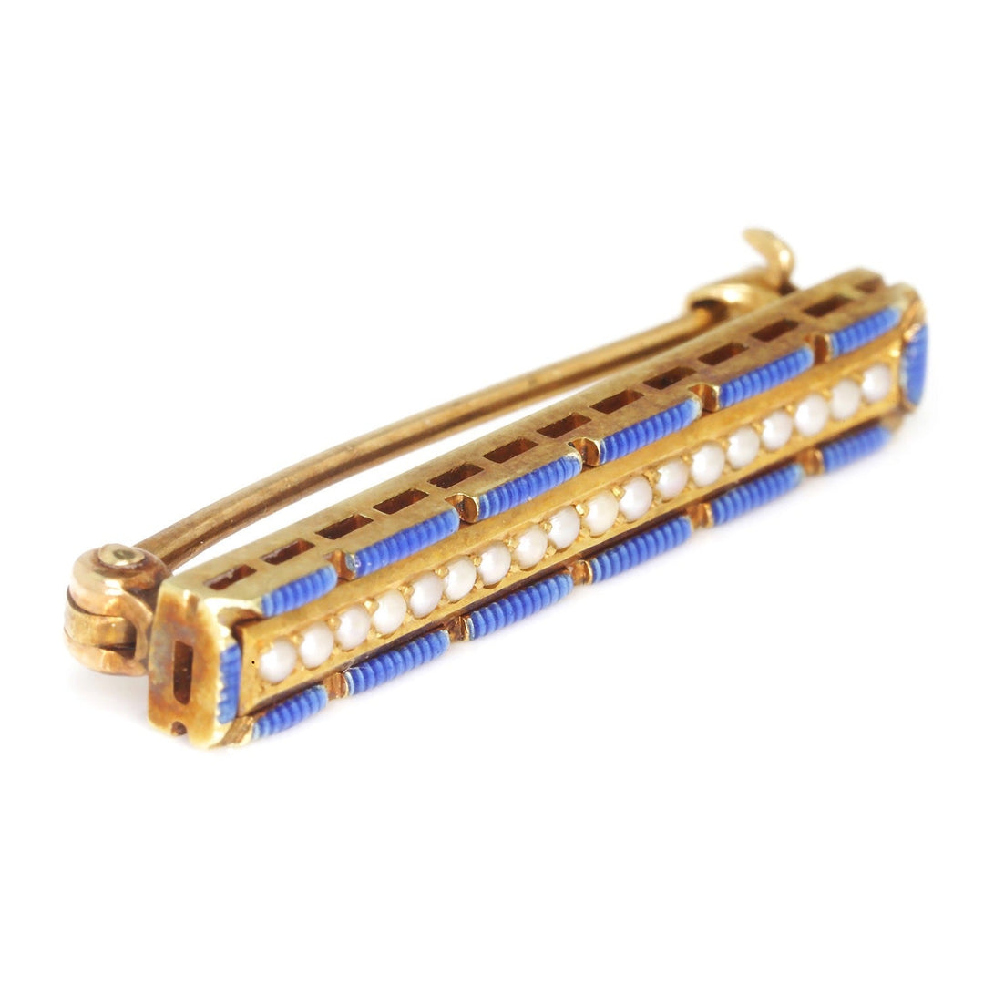 Vintage Pearl and Blue Enamel 14K Yellow Gold Brooch