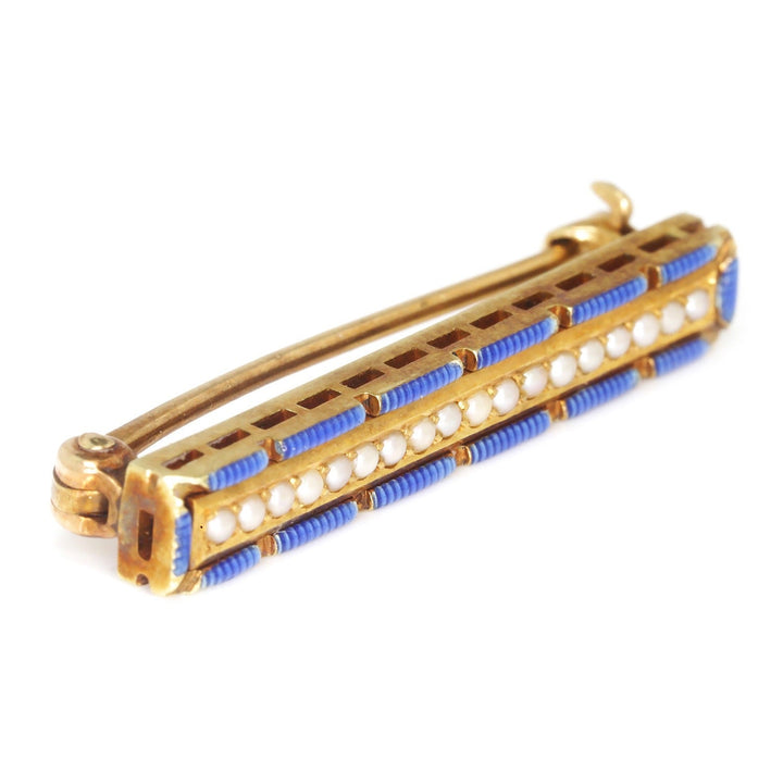 Vintage Pearl and Blue Enamel 14K Yellow Gold Brooch