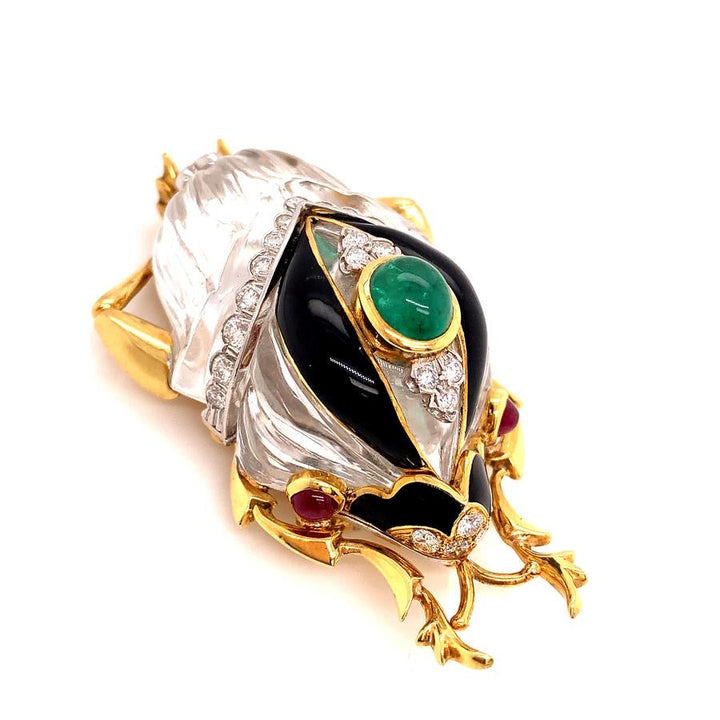 David Webb Rock Crystal, Diamond, Emerald, Ruby and Onyx Platinum and 18K Yellow Gold Beetle Brooch