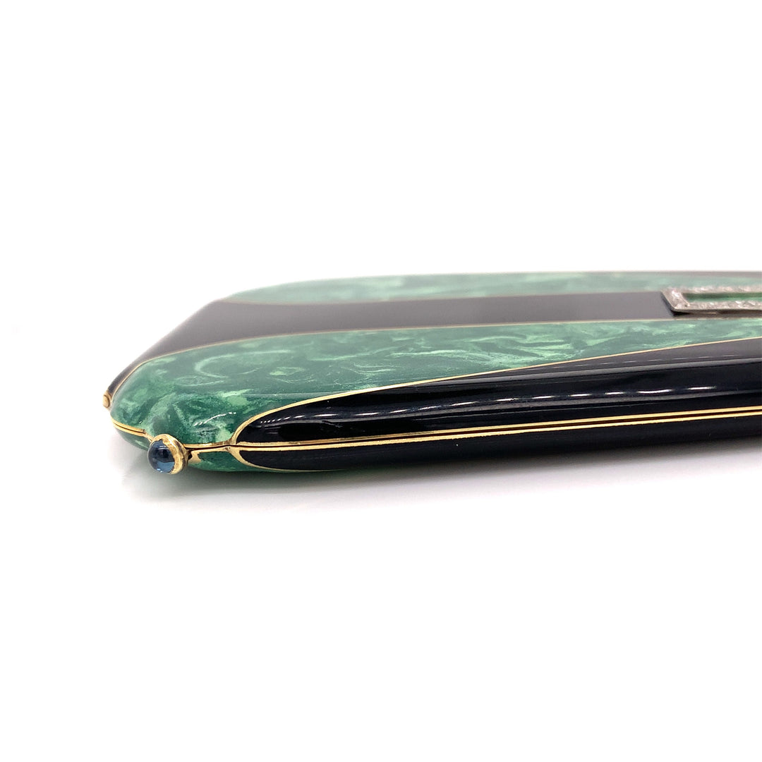Vintage Diamond, Green and Black Enamel 18K Yellow Gold Compact