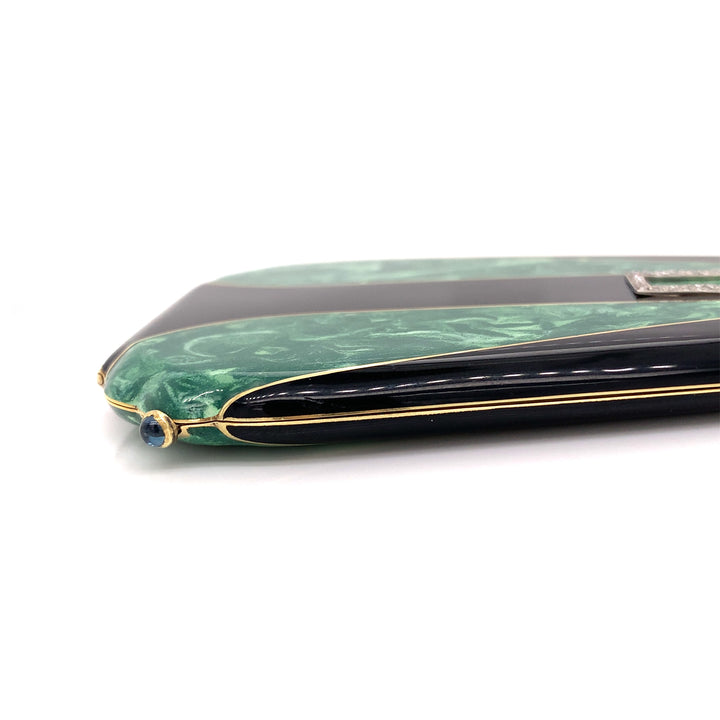 Vintage Diamond, Green and Black Enamel 18K Yellow Gold Compact