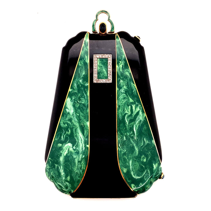 Vintage Diamond, Green and Black Enamel 18K Yellow Gold Compact