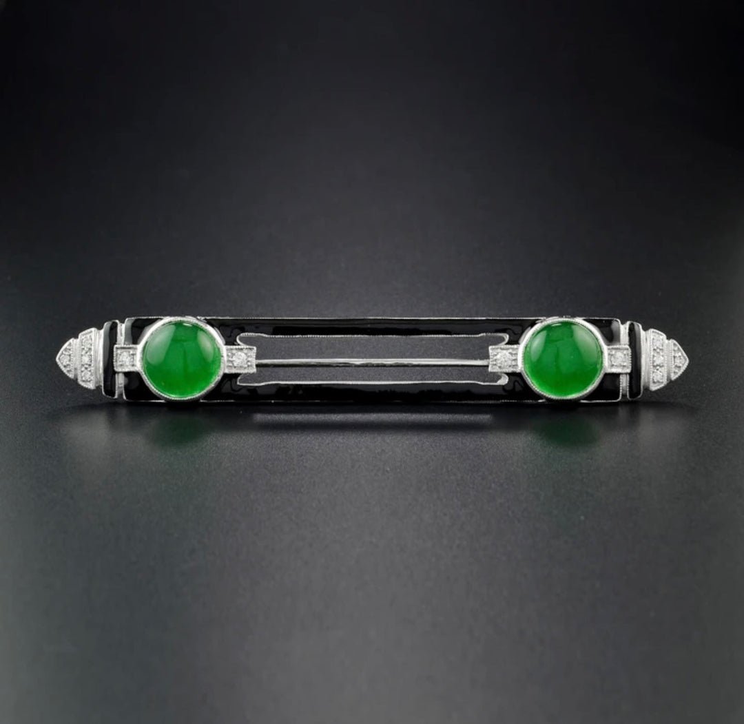 Art Deco Reproduction Aristocrat Jade and Diamond 14K White Gold Brooch/Pendant