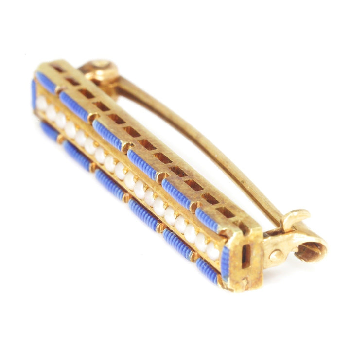 Vintage Pearl and Blue Enamel 14K Yellow Gold Brooch