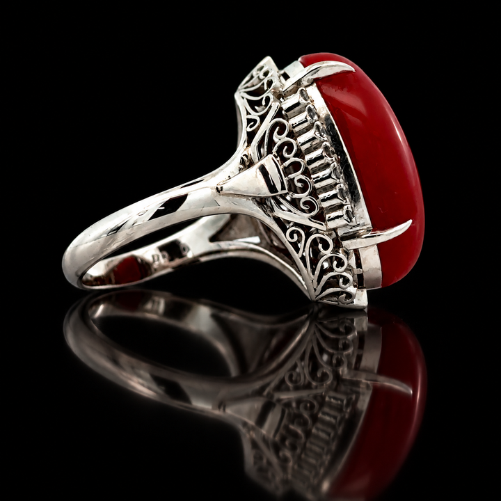 Estate Fine Red Coral & Diamond Ring