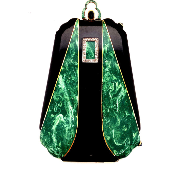 Vintage Diamond, Green and Black Enamel 18K Yellow Gold Compact