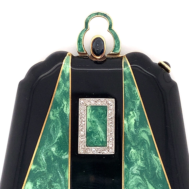 Vintage Diamond, Green and Black Enamel 18K Yellow Gold Compact
