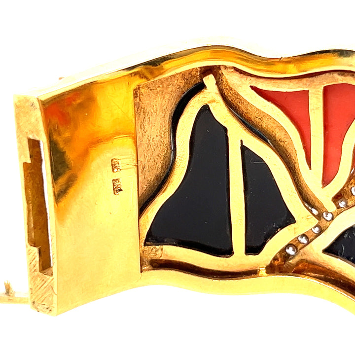 Italian Diamond Coral and Onyx 18K Yellow Gold Bangle