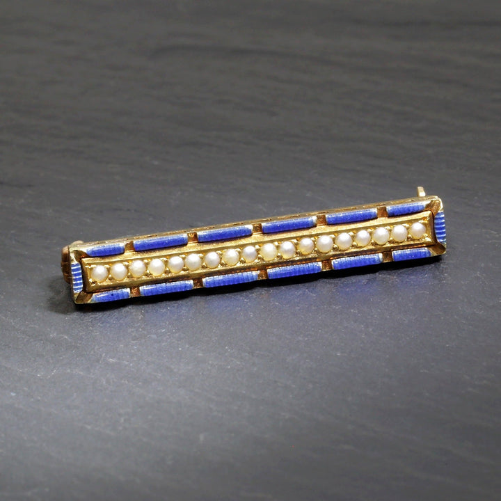 Vintage Pearl and Blue Enamel 14K Yellow Gold Brooch