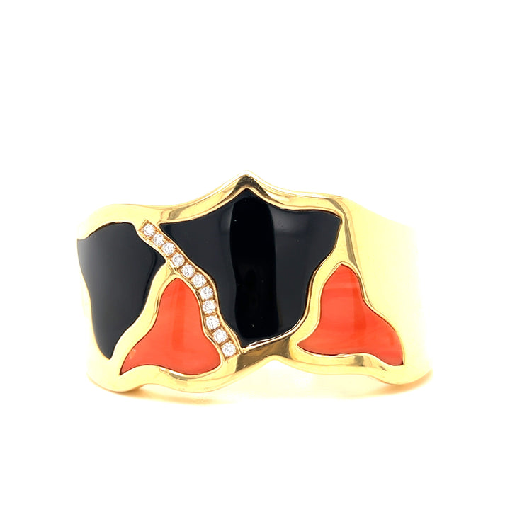 Italian Diamond Coral and Onyx 18K Yellow Gold Bangle