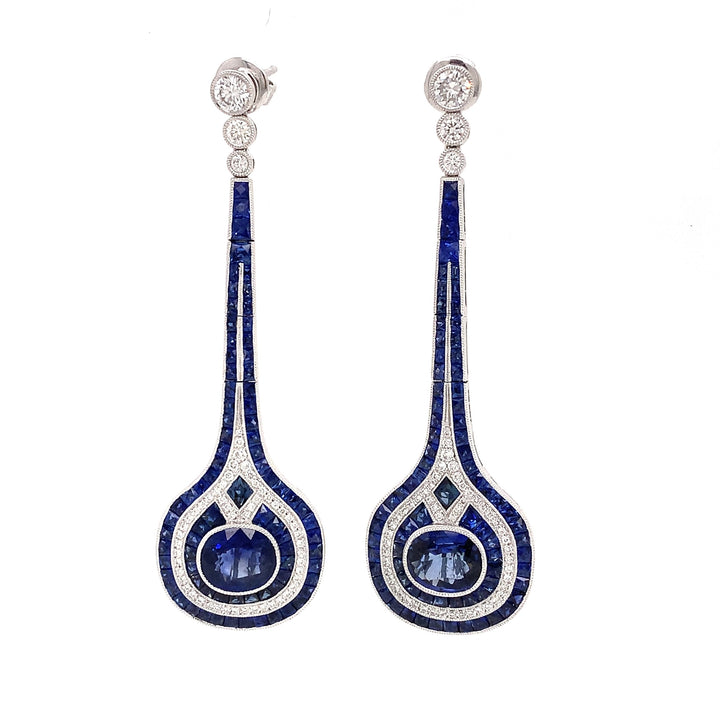 Aristocrat Art Deco Style 11.30 cttw Ceylon Sapphire Diamond Drop Earrings