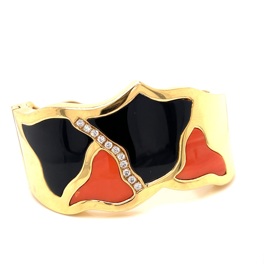 Italian Diamond Coral and Onyx 18K Yellow Gold Bangle