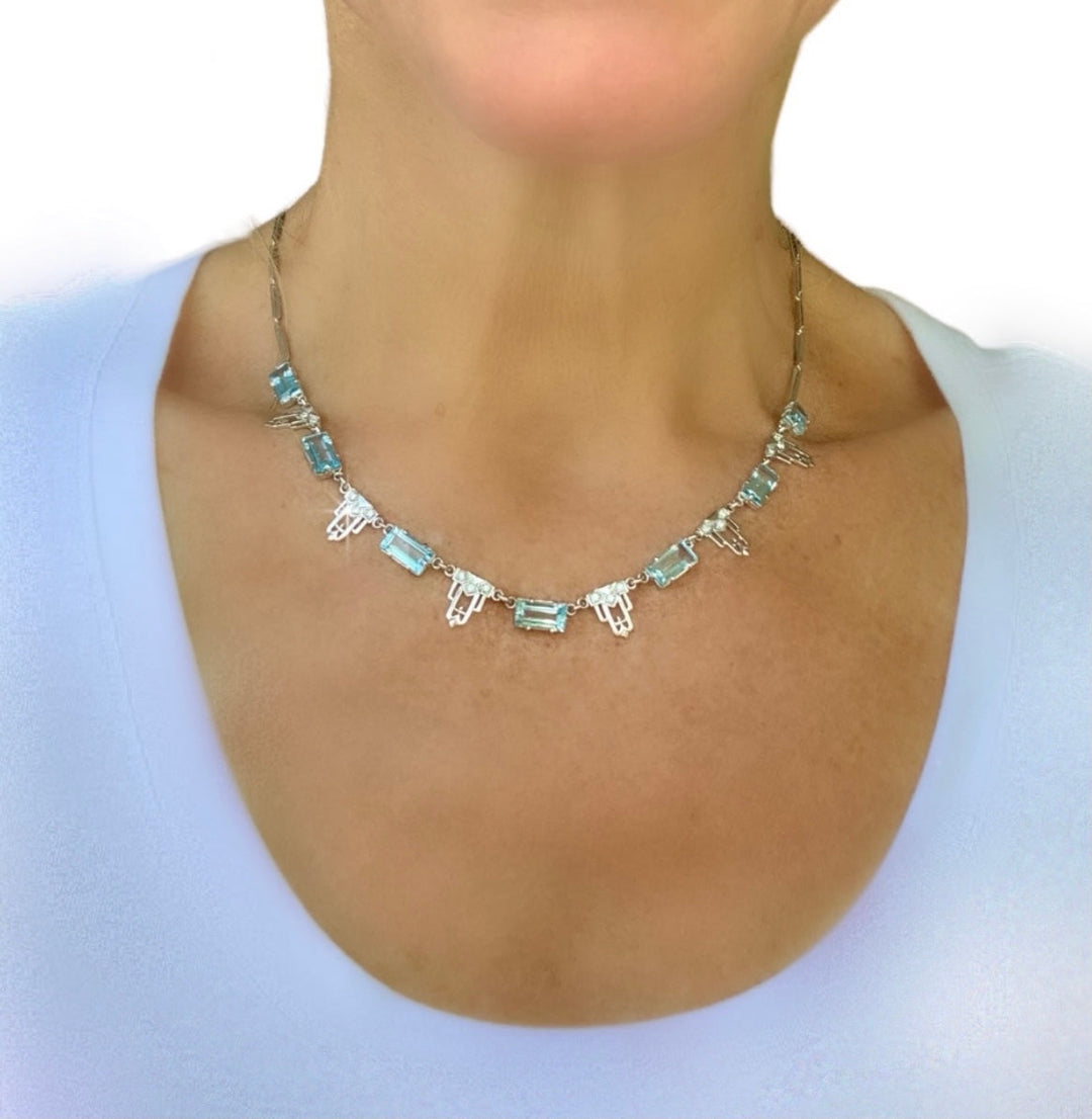 Blue Topaz and Diamond 18K White Gold Necklace