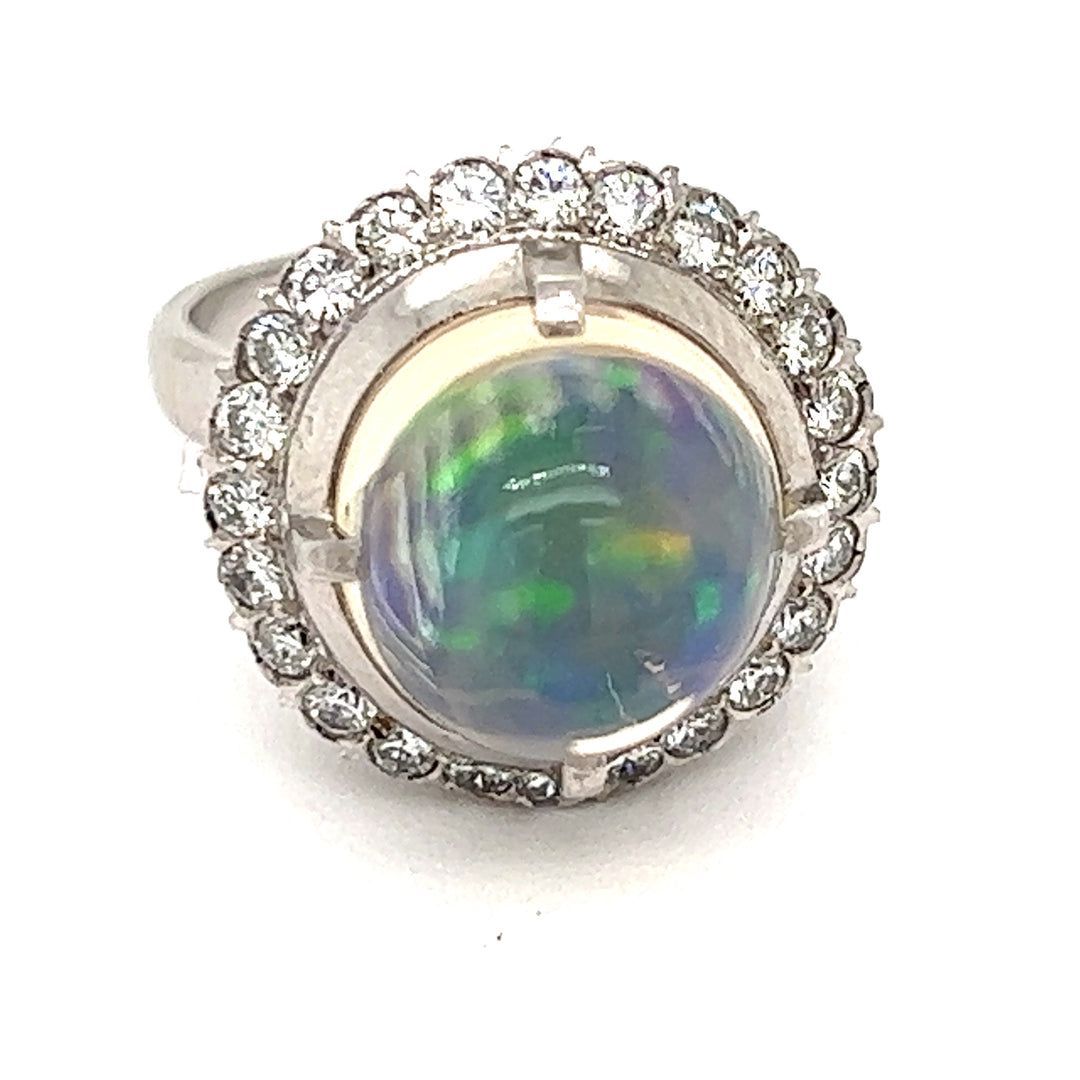 Opal and Diamond Platinum Halo Ring
