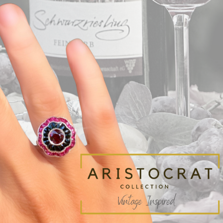 Ruby, Onyx, Diamond and 18K White Gold Ring