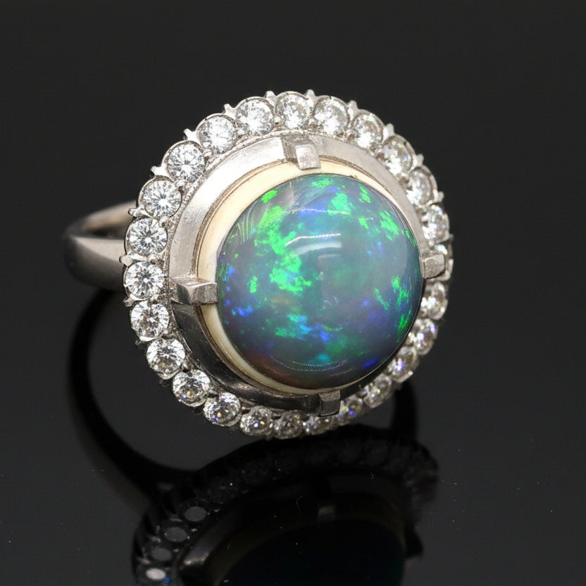 Opal and Diamond Platinum Halo Ring
