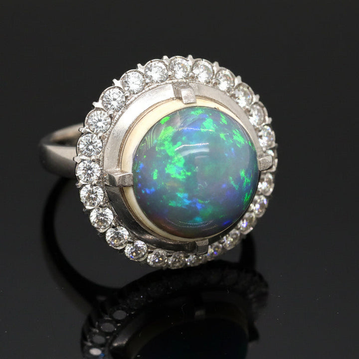 Opal and Diamond Platinum Halo Ring