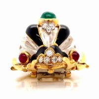 David Webb Rock Crystal, Diamond, Emerald, Ruby and Onyx Platinum and 18K Yellow Gold Beetle Brooch
