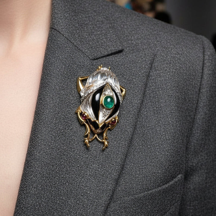 David Webb Rock Crystal, Diamond, Emerald, Ruby and Onyx Platinum and 18K Yellow Gold Beetle Brooch