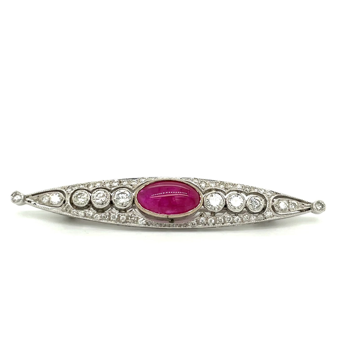 Filigree Ruby and Diamond 14K White Gold Brooch