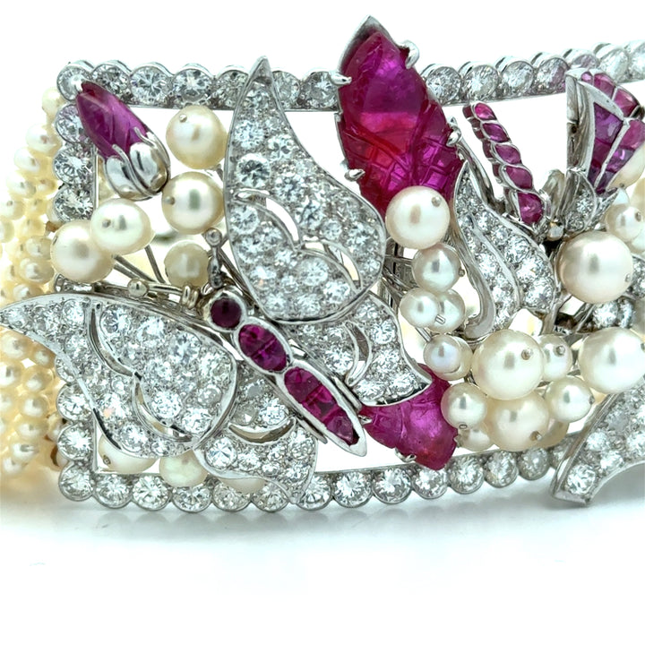 Estate Of Hollywood Actress Connie Stevens Diamond Ruby and Pearl Multi Row 18K White Gold Necklace