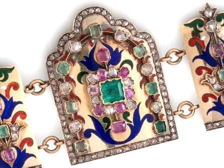 Diamond, Emerald and Ruby Polychrome Enamel and 18k Gold Vintage Bracelet