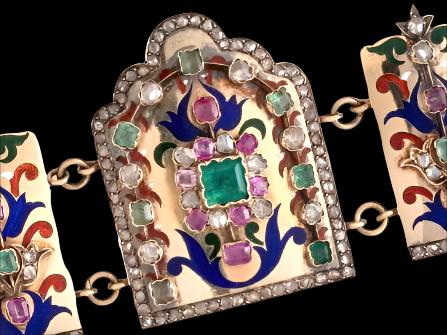 Diamond, Emerald and Ruby Polychrome Enamel and 18k Gold Vintage Bracelet